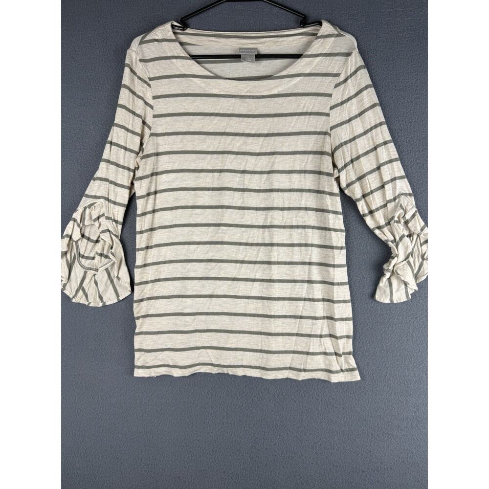 Chicos Size 0 Small 3/4 Sleeve Ruffle Cuff Shirt Rayon Stretch Top Beige Striped